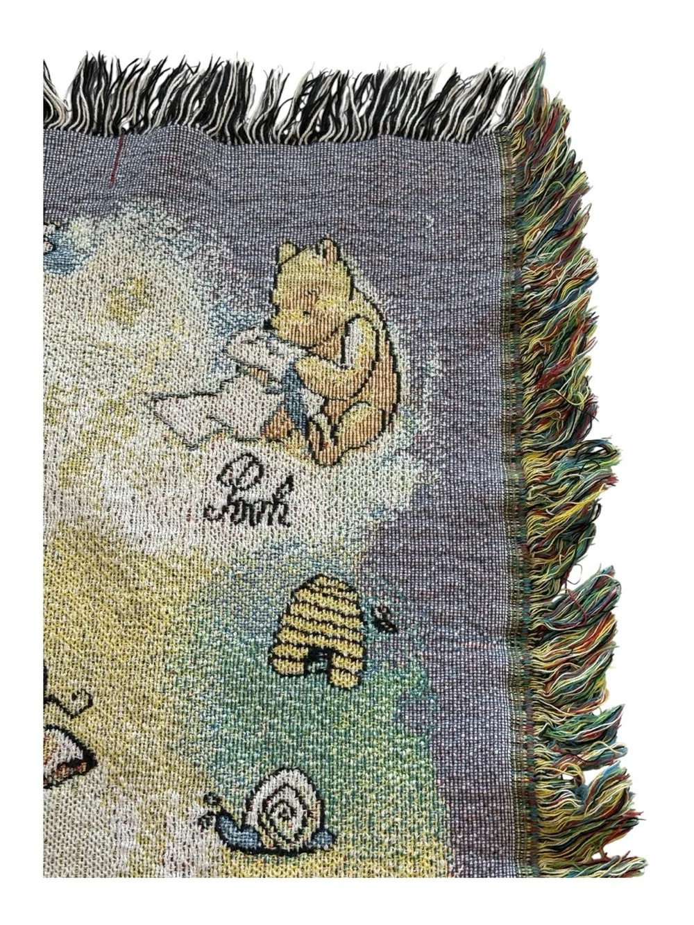 Vintage Disney Winnie Pooh Piglet Woven Tapestry Throw Blanket Fringe Edges